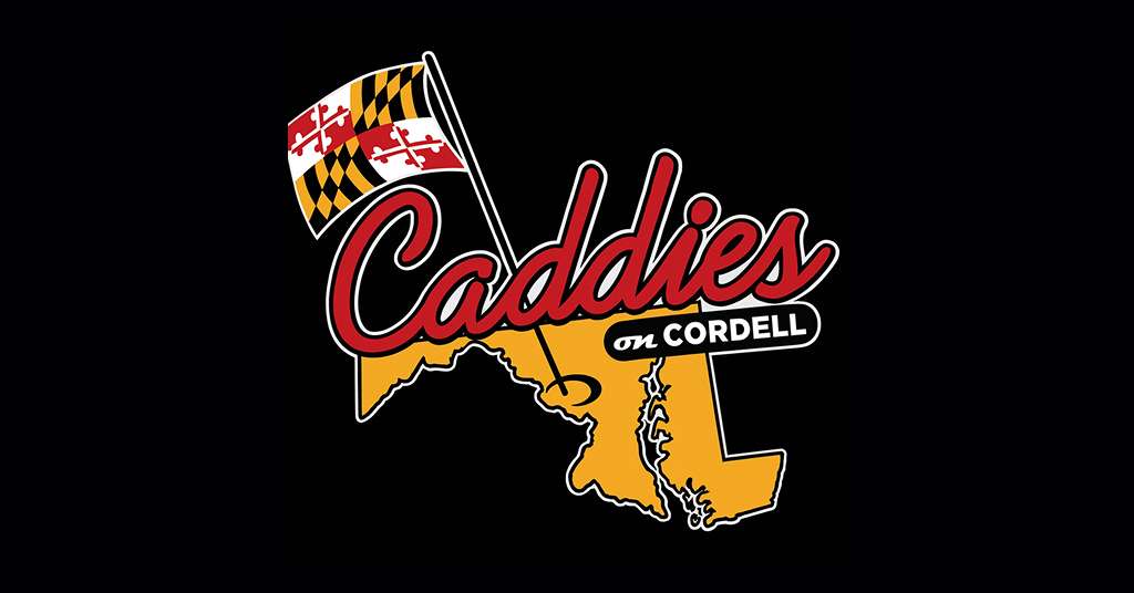 Caddies on Cordell" logo with Maryland map and flag, bold red script, black background.