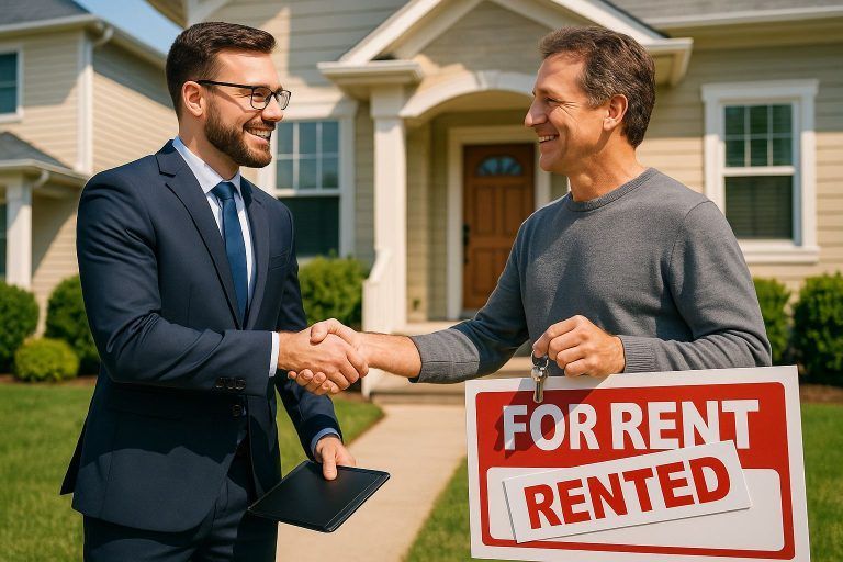 Two men shaking hands outside a house, one holding a "For Rent" sign with "Rented" label.