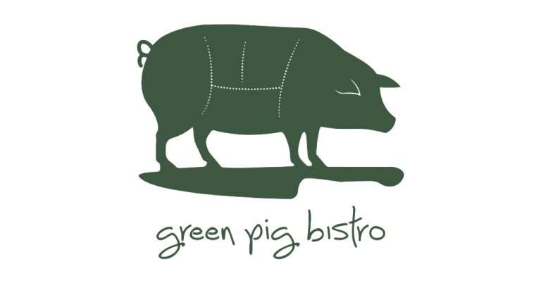 Silhouette of a pig on a cutting board with dotted lines, above the words "green pig bistro" in stylized font.