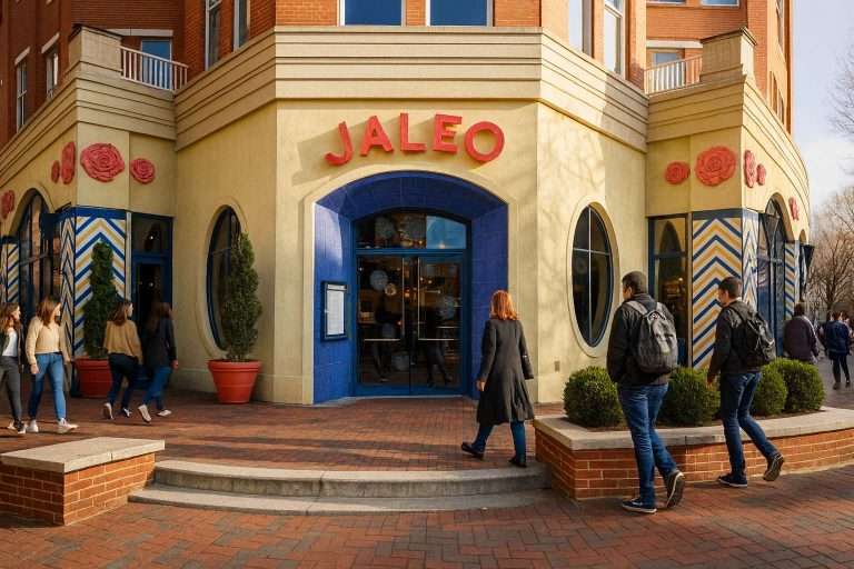 People walking toward a colorful restaurant entrance with the sign "JALEO" and decorative red flowers on the facade.