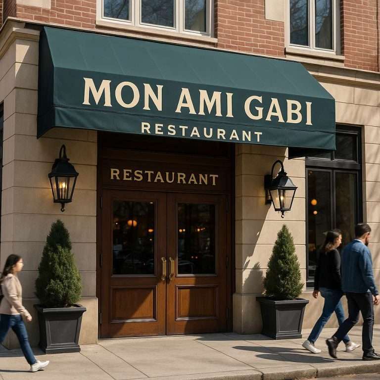 Mon Ami Gabi restaurant entrance with awning, wooden doors, flanked by lanterns and planters; three people walking by.
