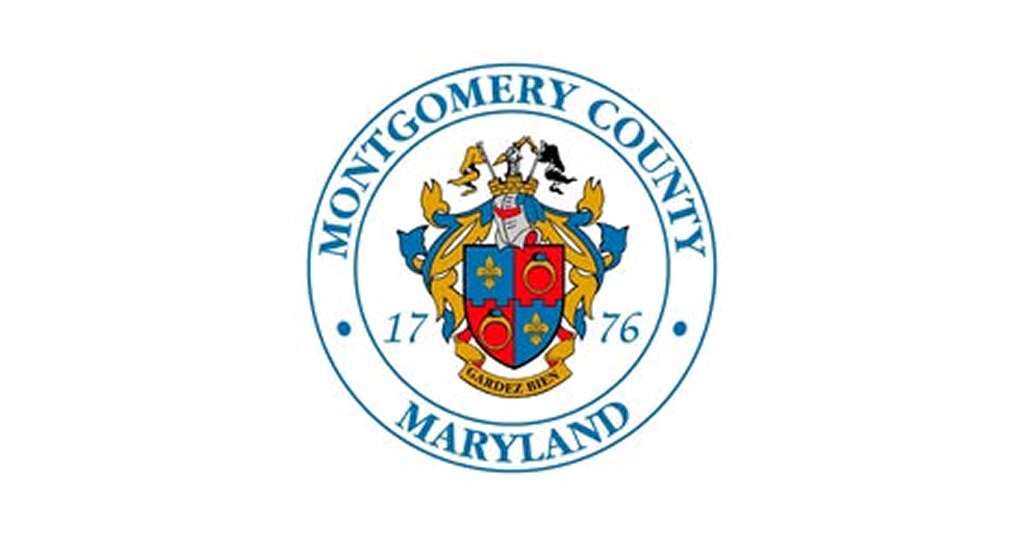 Montgomery County, Maryland seal with a central coat of arms and "1776" date, surrounded by blue text.
