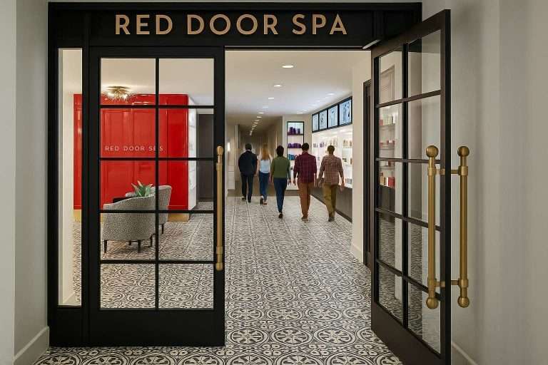 People walking down a tiled corridor in a spa with red decor and glass doors labeled "Red Door Spa".