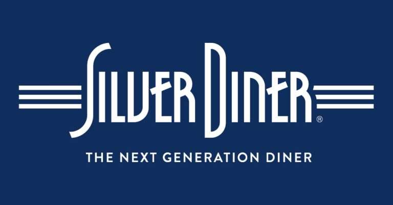 Silver Diner logo with stylized text and lines on a dark blue background, featuring the slogan "The Next Generation Diner".