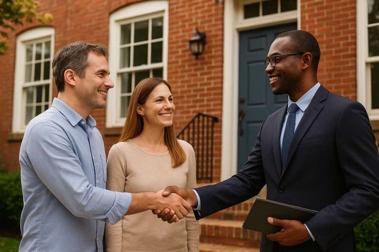Two people smiling and shaking hands with a man in a suit outside a brick building.