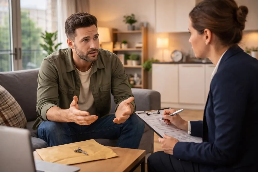 A DC rental tenant meets with his property manger.
